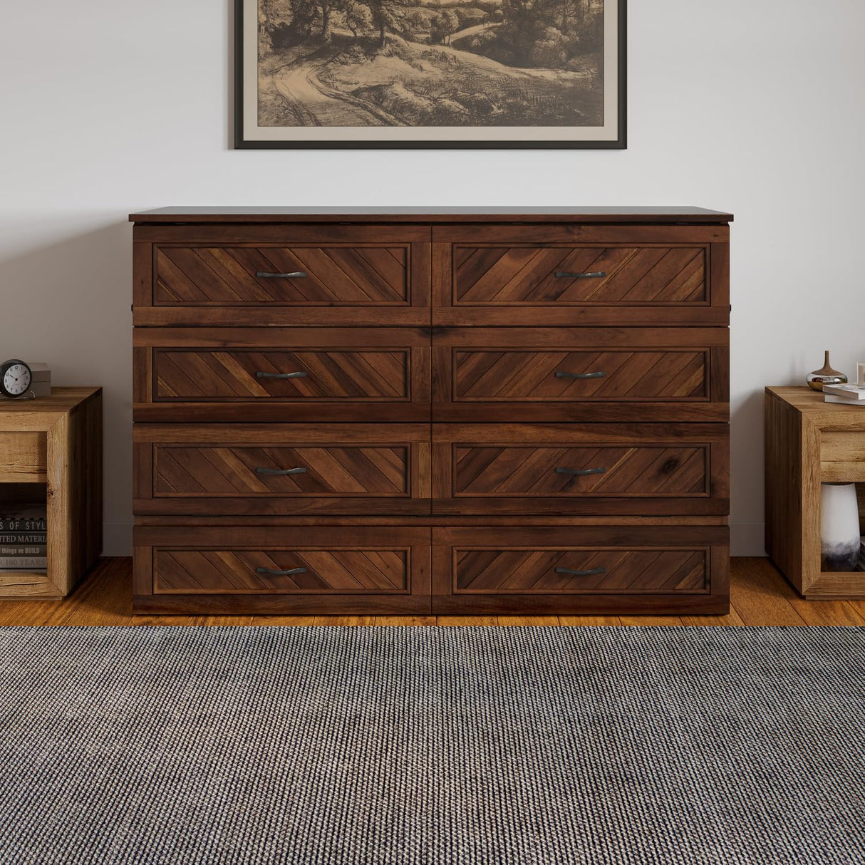 AFI, Alpine Queen Wood Murphy Bed Chest with 6" Mattress, Storage Drawer & Built-in USB Charger, Barnwood AFI