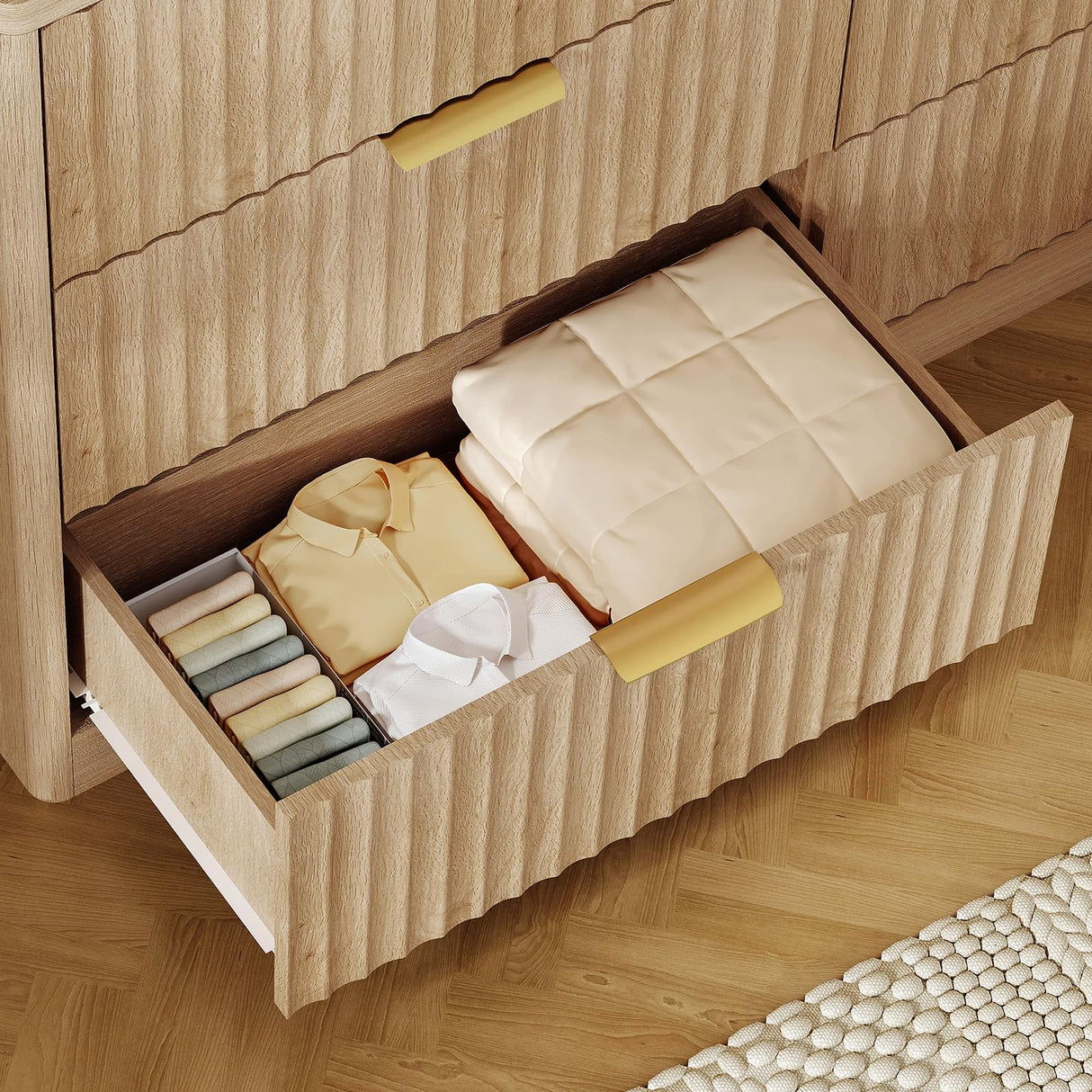 TEENFON Fluted 6 Drawer Dresser for Bedroom, Wide Modern Chest of Drawers with Metal Handle, Curved Profile Design, Wood Closet Clothes Storage Organizer for Bedroom, Living Room, Hallway, Natural TEENFON