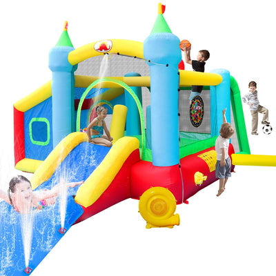 WELLFUNTIME Inflatable Bounce House and Extended Long Water Slide, Jumping Castle Slide with Blower, Kids Bouncer with Ball Pit, Dart Target Game