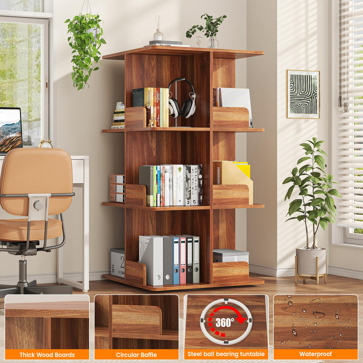 Semoic Rotating Bookshelf, 360° Display 4 Tier Square Revolving Bookcase, Spinning Book Shelf Tower, Freestanding Corner Bookshelf Storage Rack for Kids & Adults for Living Room Semoic