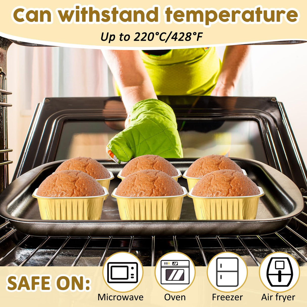 Aoriher 150 Pieces 10 oz Mini Cake Pans with Lids Aluminum Foil Baking Cups Square Disposable Cupcake Cups Baking Tins for Kitchen Brownie Pudding Desserts Muffin Ramekins Holders(Gold) Aoriher