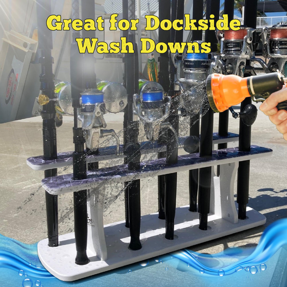 Rush Creek Creations Reel Salty Premium Marine Grade 11-Rod Fishing Rod Holder with Bi-Level Design, UV-Resistant, 100% Waterproof Fishing Pole Holder for Garage and Dock, Securely Holds 11 Rods Rush Creek Creations