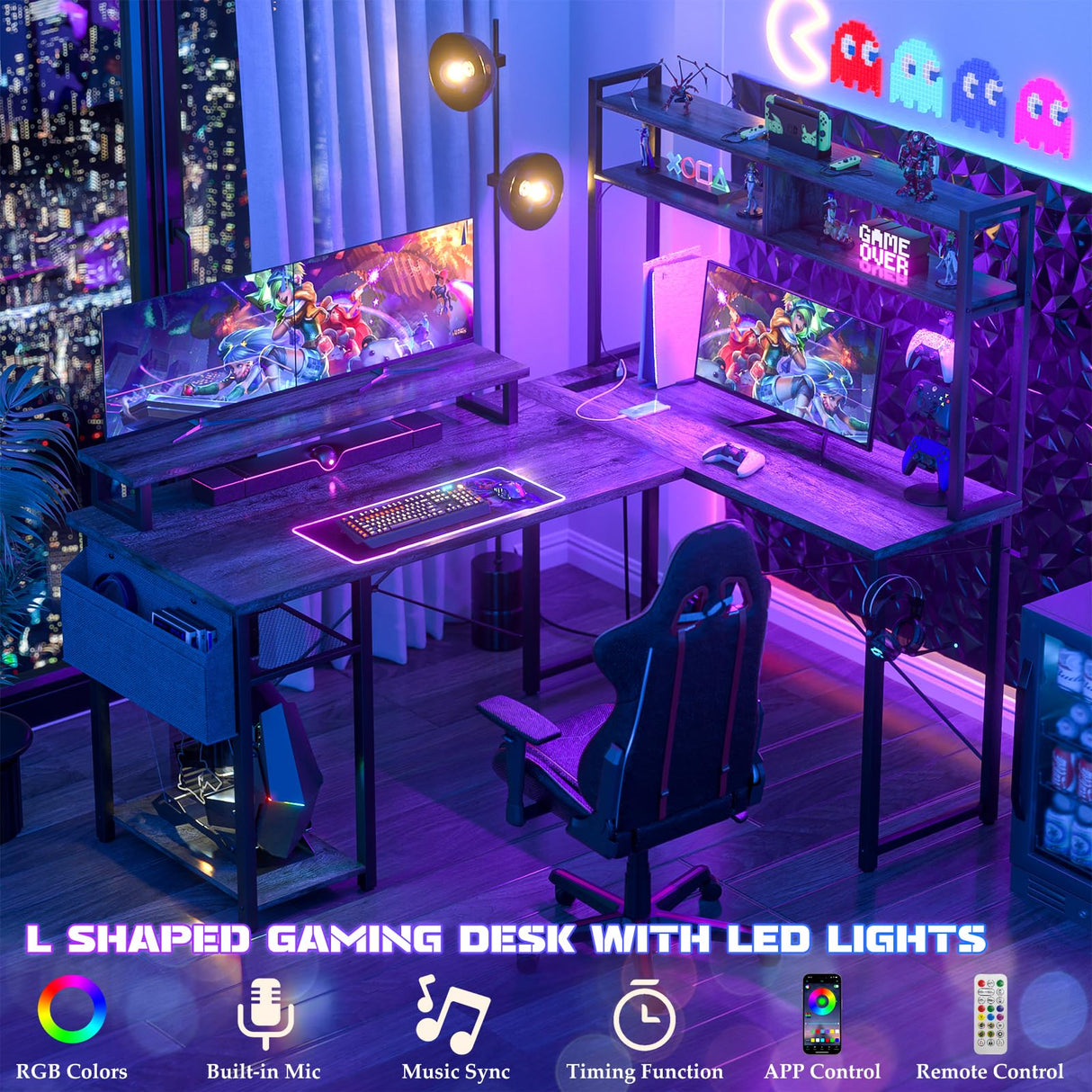 Aheaplus Small L Shaped Gaming Desk with LED Lights & Power Outlets, Reversible L-Shaped Computer Desk with Monitor Stand & Storage Shelf, Corner Desks Home Office Desk with Storage Bag, Grey Oak Aheaplus