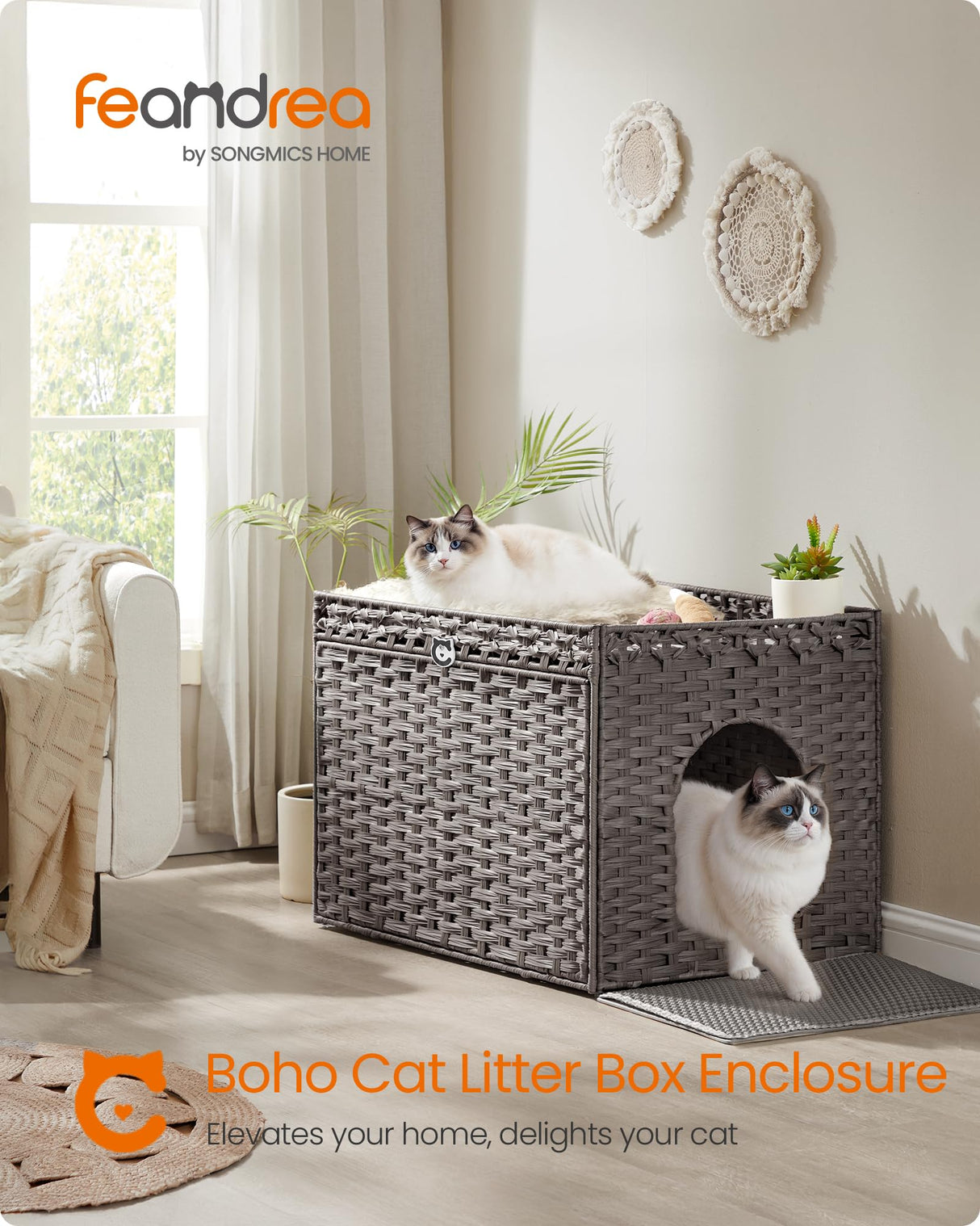 Feandrea Cat Litter Box Enclosure, Handwoven Rattan Hidden Litter Box Furniture with Extra Litter Mat, Removable Washable Tray, Boho Cat House, End Table, Dove Gray UPCL014G01 Feandrea