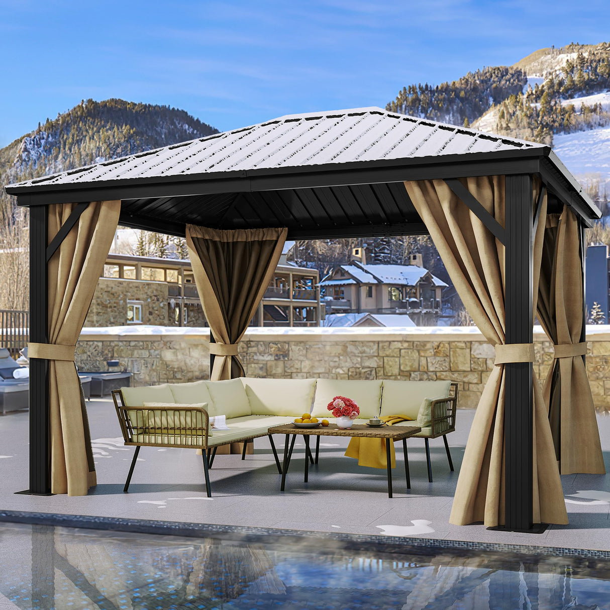 YITAHOME 10x12ft Hardtop Gazebo with Nettings and Curtains, Heavy Duty Galvanized Steel Outdoor Vertical Stripes Roof for Patio, Backyard, Deck, Lawns, Brown YITAHOME