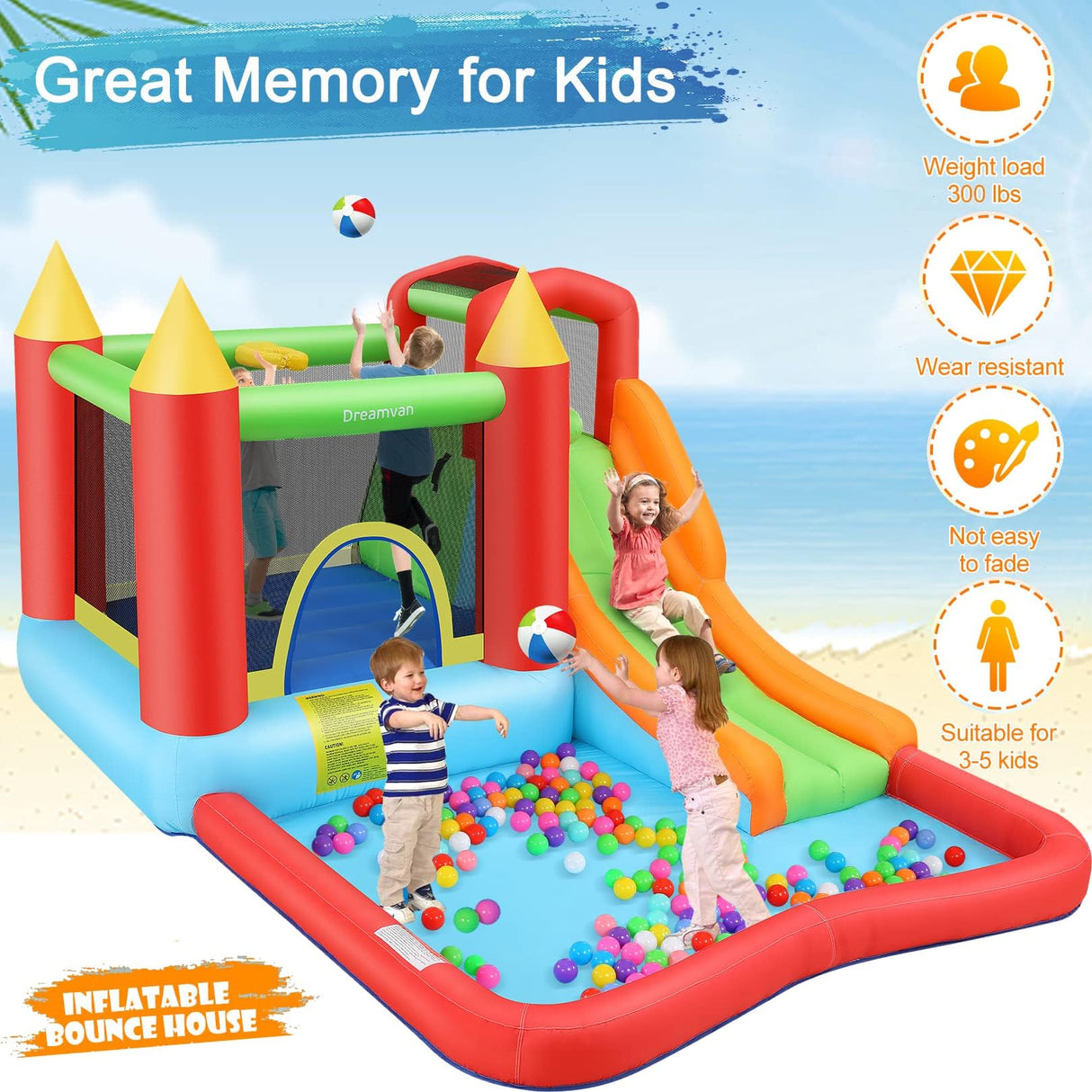 AKEYDIY Inflatable Bounce House for Kids, Fun Jumping Area with Basketball Hoop, Large Pool, Long Slide with Climbing Wall Bouncy House with Air Blower Outdoor Backyard AKEYDIY