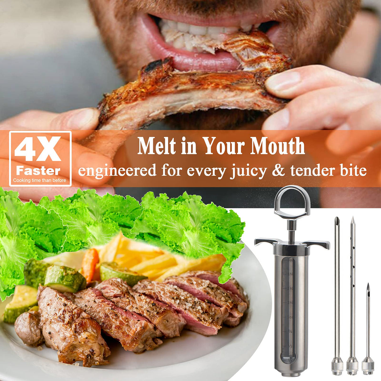 DePango Meat Injector, Stainless Steel Marinade Injector Flavor Syringe Kit with 2-oz Measurement Window for Smoker Food BBQ Grill, Cooking Turkey Chicken Steak Beef Brisket Pork-Chops, 3 Meat Needles DePango