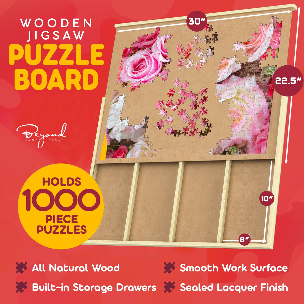 1000 Piece Wooden Jigsaw Puzzle Board - 4 Drawers, Patent Pending Design - Rotating Puzzle Table | 30” X 22” Jigsaw Puzzle Tables | Puzzles Cover & Lazy Susan| Portable Puzzles Tables for Adults Beyond Innoventions