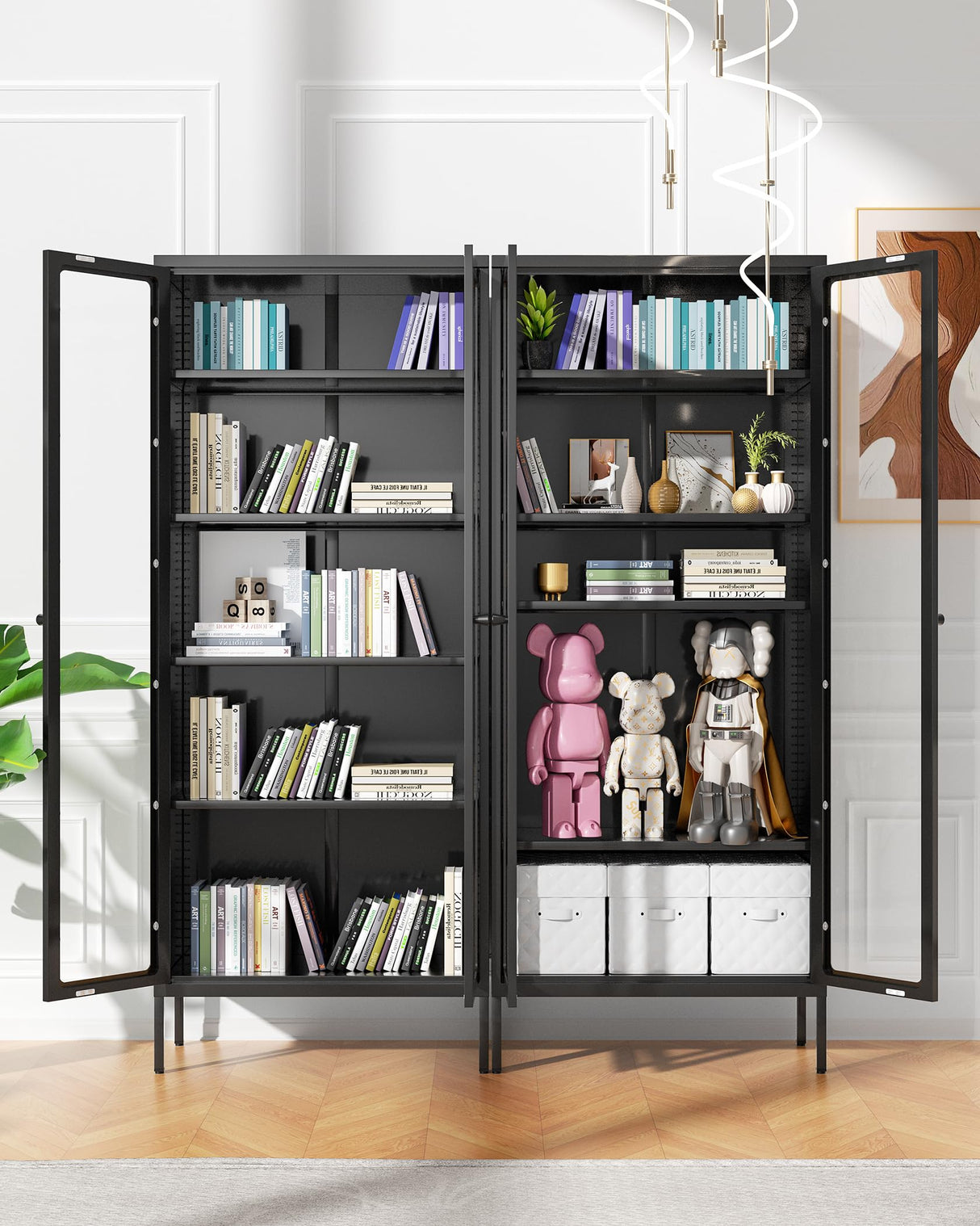 Greenvelly 67" Metal Display Cabinet with Glass Doors and 4 Shelves, Black Glass Display Storage Cabinets for Collectibles, Tall Curio Cabinet with Glass Doors for Home Office, Living Room, Pantry Greenvelly
