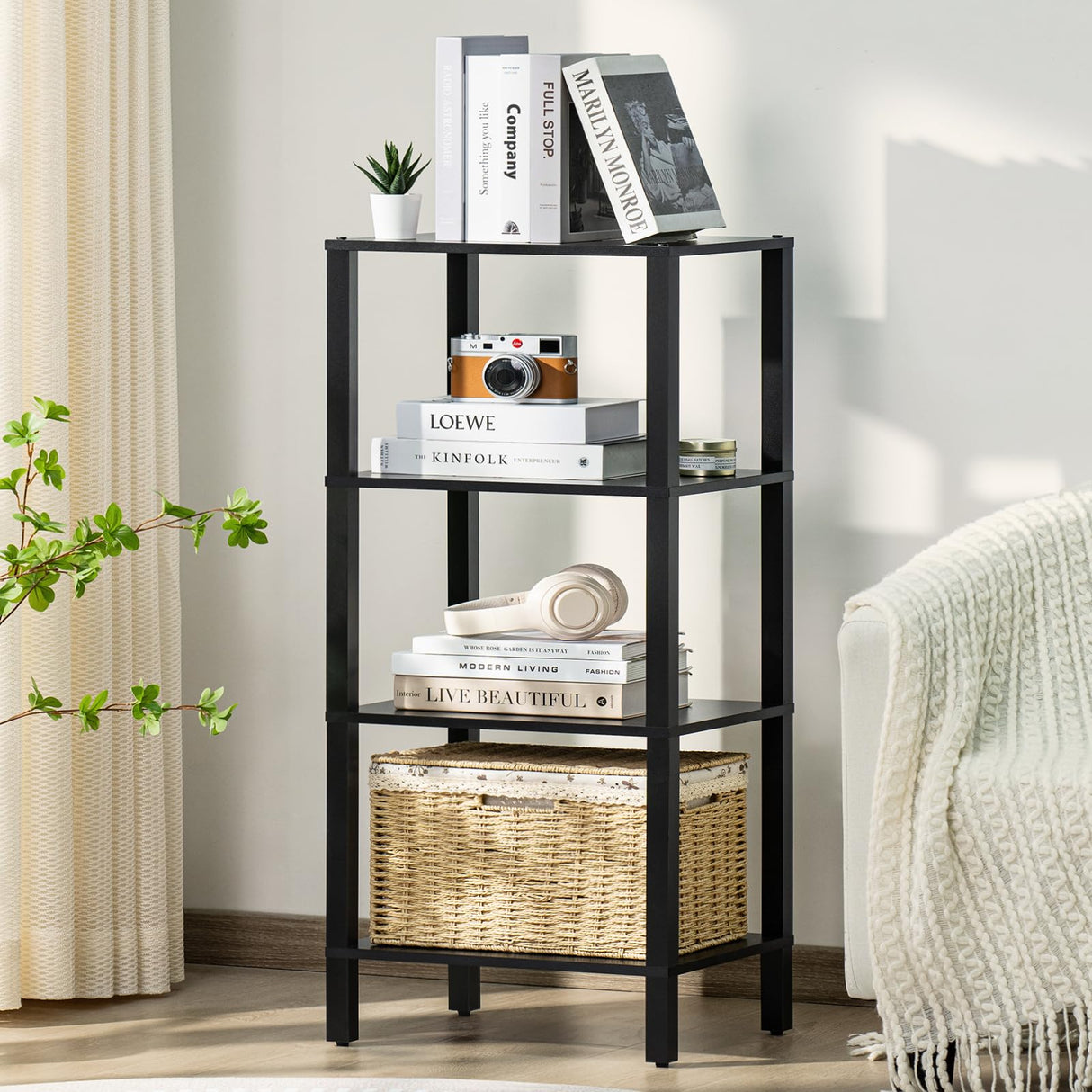 YUFAM 4 Tier Tall Wooden Bookshelf with Storage - Small Bookcase for Small Spaces, Shelf for Living Room, Office, Bedroom, Kitchen - Industrial Modern Black Book Shelf