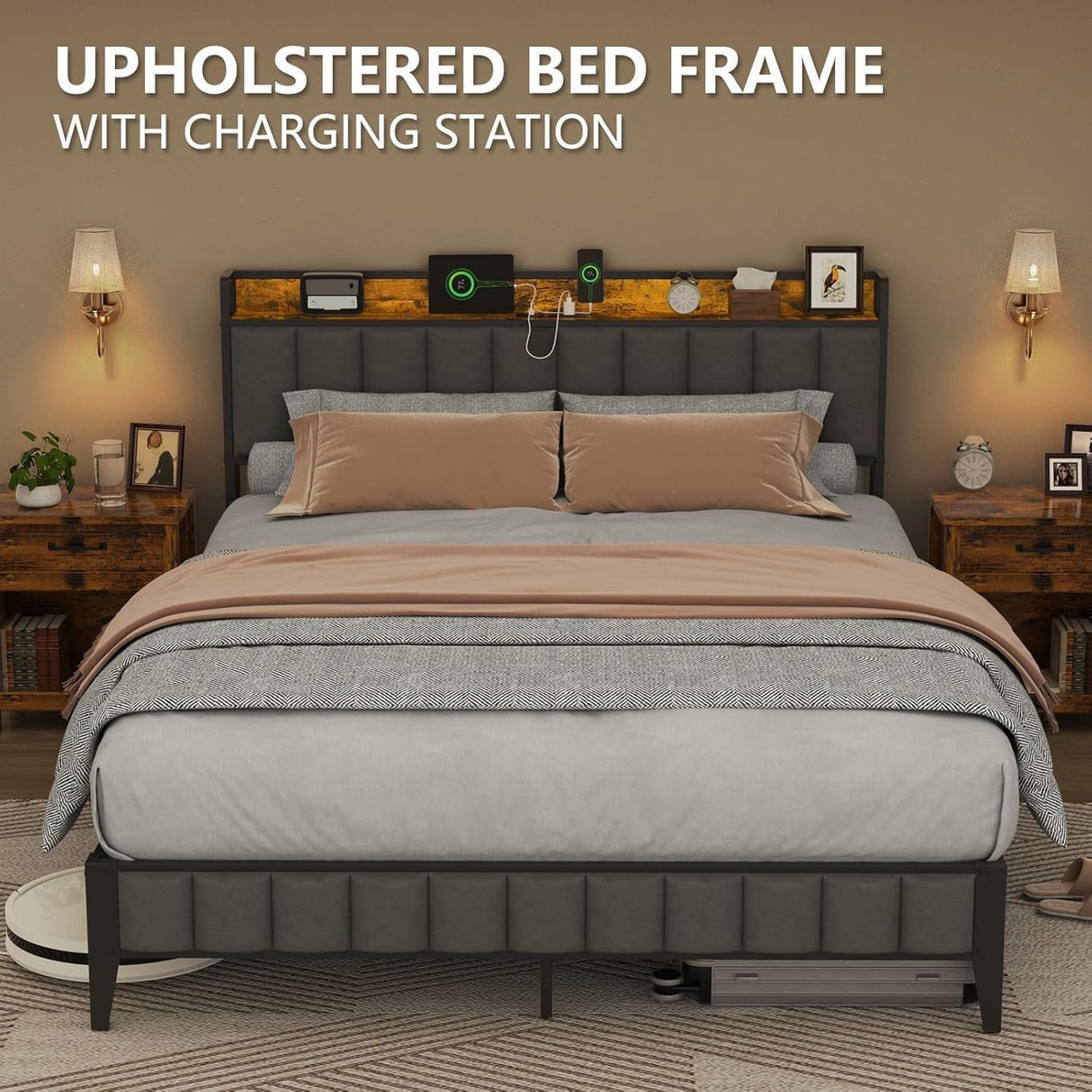 Queen Bed Frame, Storage Headboard with USB Ports & Charging Station, No Box Spring Needed, Noise-Free, Heavy Duty Metal Frame Support, Easy Assembly EasyCom