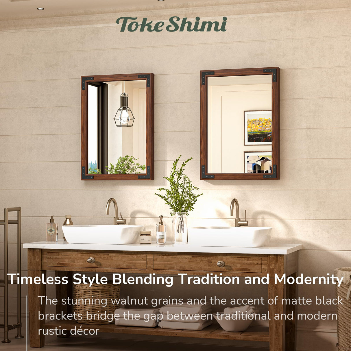 TokeShimi 18x26 Inch Farmhouse Bathroom Mirror Rustic Wooden Framed, Natural Wood with Walnut Accents, Water-Proof, French Cleats Installation, HD-Reflection and Shatter-Proof Glass TokeShimi