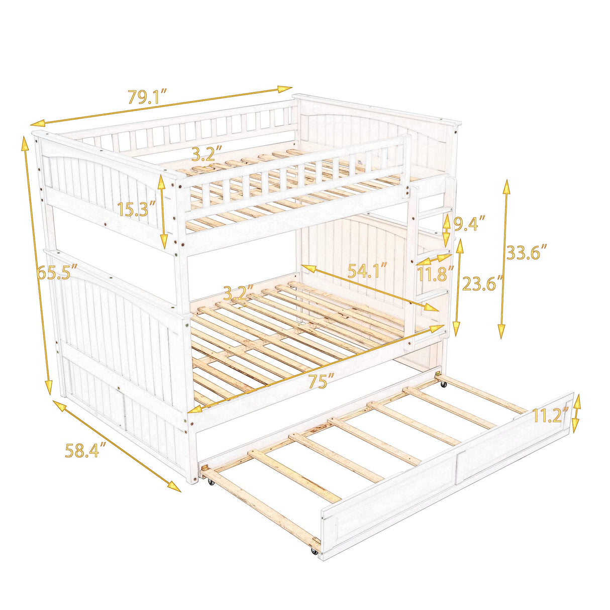 Ball & Cast Full Over Full Bunk Bed with Twin-Size Trundle,Pine Wood Bunkbed w/Stairway and Full-Length Guardrails,Into 2 Individual Beds,Slat Support,Bedframe Furniture for Student Dorms,White Ball & Cast