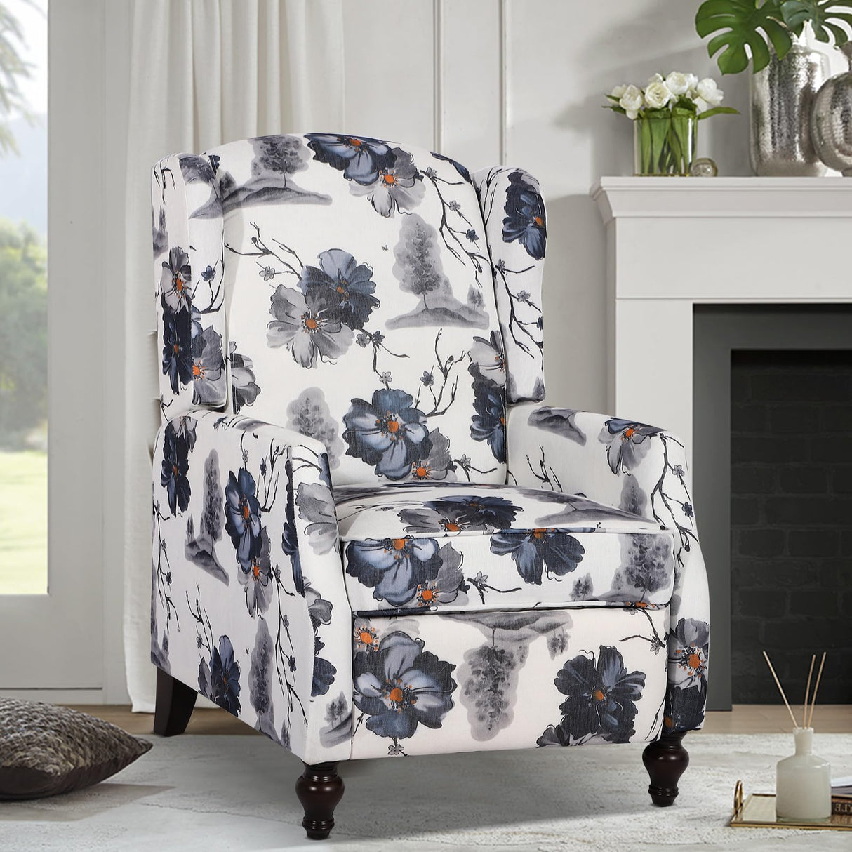 B BAIJIAWEI Wingback Recliner Chair - Tufted Arm Chair Recliner - Fabric Push Back Single Sofa for Living Room Adjustable Backrest (Single, Blue Floral) B BAIJIAWEI