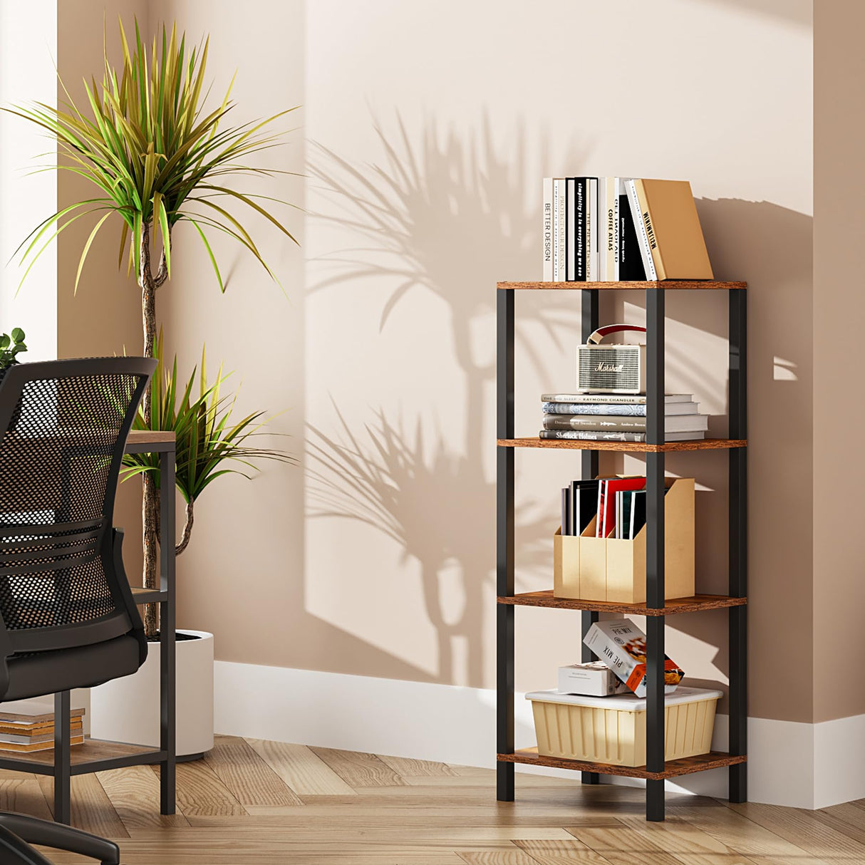 TUTOTAK 4-Tier Narrow Bookshelf for Small Spaces in Rustic Brown TUTOTAK