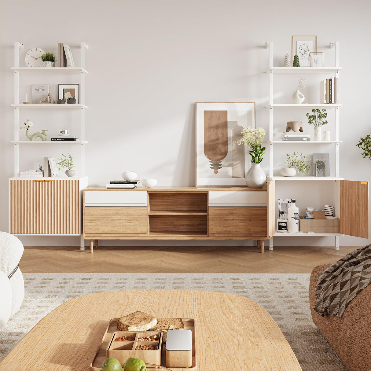 74" Tall Bookshelf with Storage Cabinet, Modern Ladder Shelf with Wood and Metal Frame, Wall Mount Bookcase Open Display Shelf Furniture for Living Room, Bedroom, Home Office, White and Oak INNOD