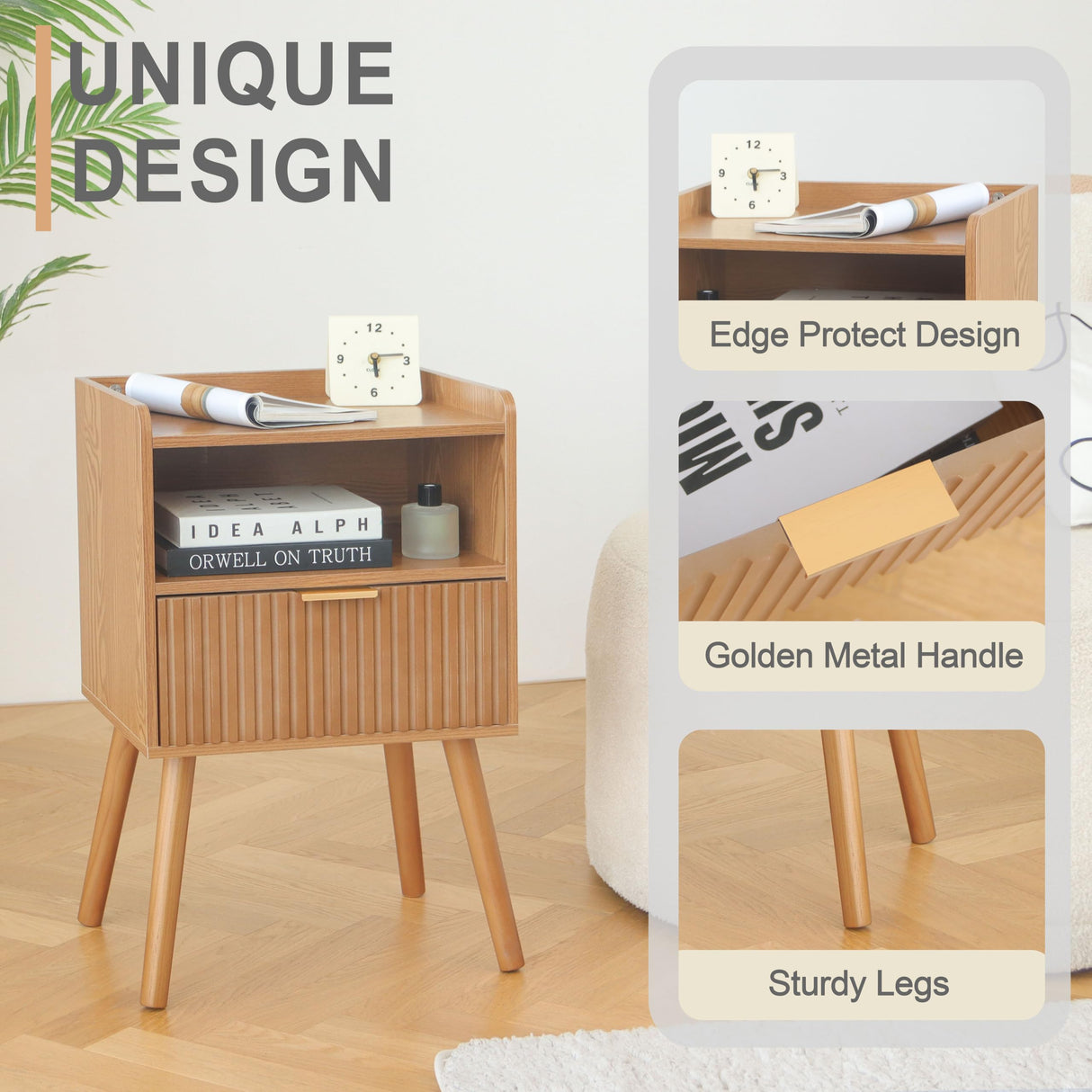 AWASEN Fluted Nightstand, Mid Century Modern Bedside Table with Storage Drawers, Wood Night Stand Bed Side Table with Solid Wood for Living Room, Bedroom, Office and Small Space (Brown) AWASEN