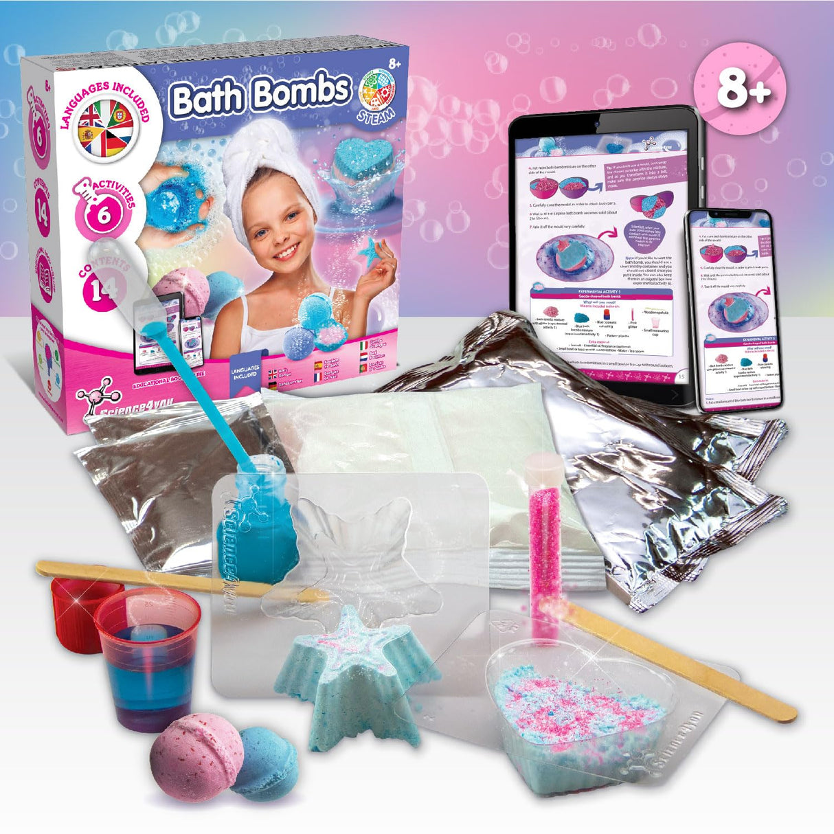 Science4you - Bath Bomb Making Kit for Kids +8 Years Old - Make Your Own Bath Bombs with 6 Science Experiments for Childrens - Educational Science Kits for Kids Age 8, Gift Set for Girls Science4you