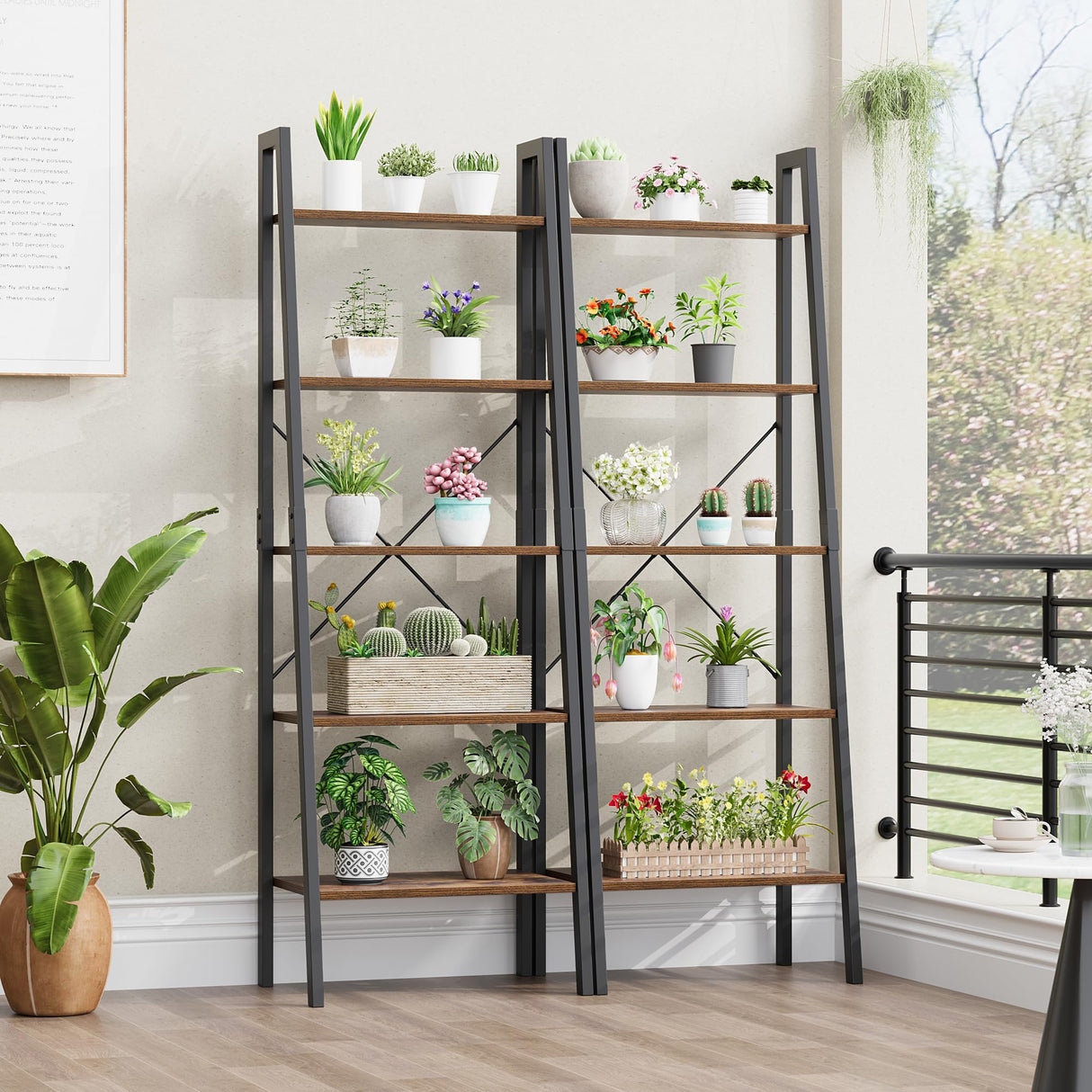 FINETONES 5-Tier Ladder Shelf, Ladder Bookshelf Bookcase with Metal Frame, Plant Rack Display Shelf Accent Furniture for Home Office, Black/Rustic Brown FINETONES