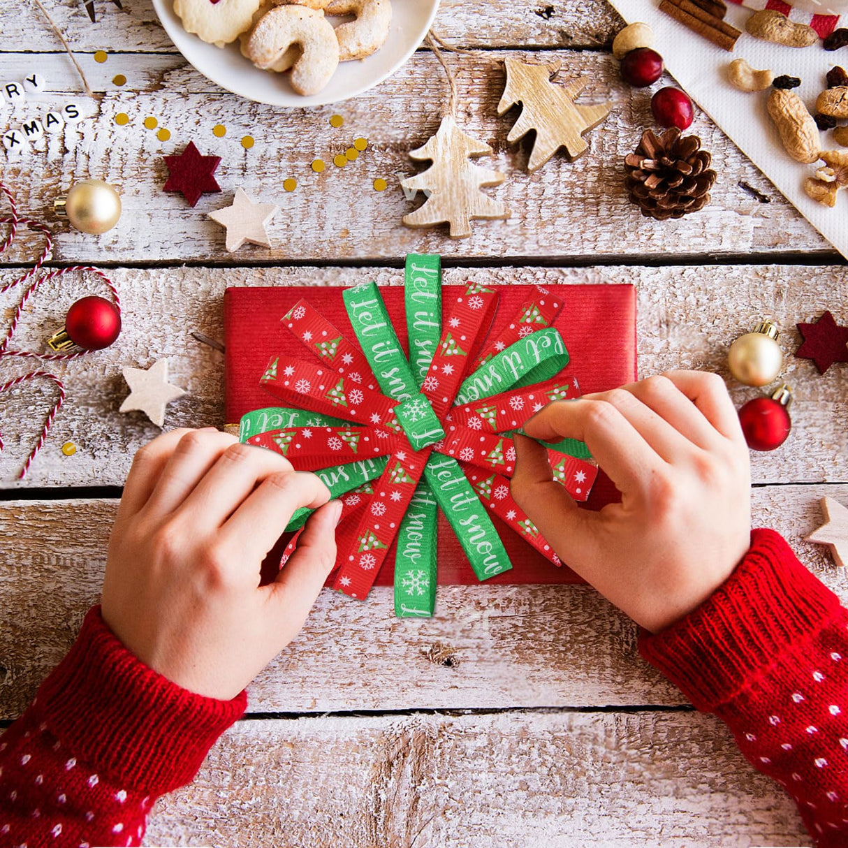 Vloso 20 Rolls 100 Yards Christmas Ribbon for Gift Wrapping,3/8 Inch Christmas Grosgrain Ribbon,Christmas Ribbon for Crafts DIY Holiday Christmas Decorations Vloso