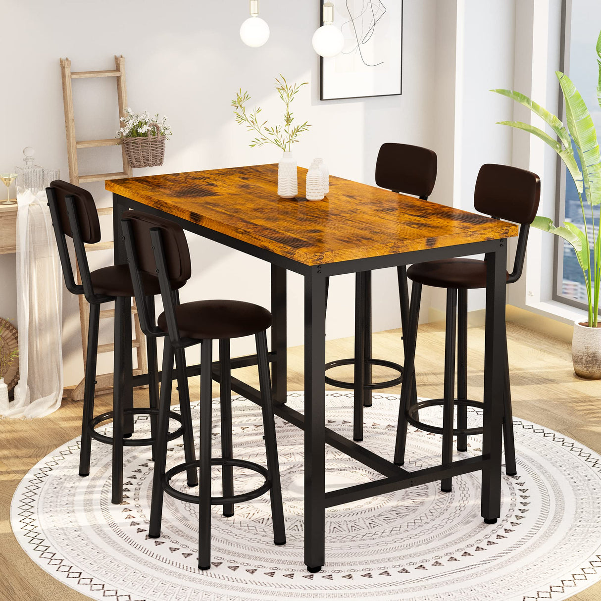 Lamerge Rustic Brown Industrial Dining Table Set for 4 with PU Upholstered Stools Lamerge