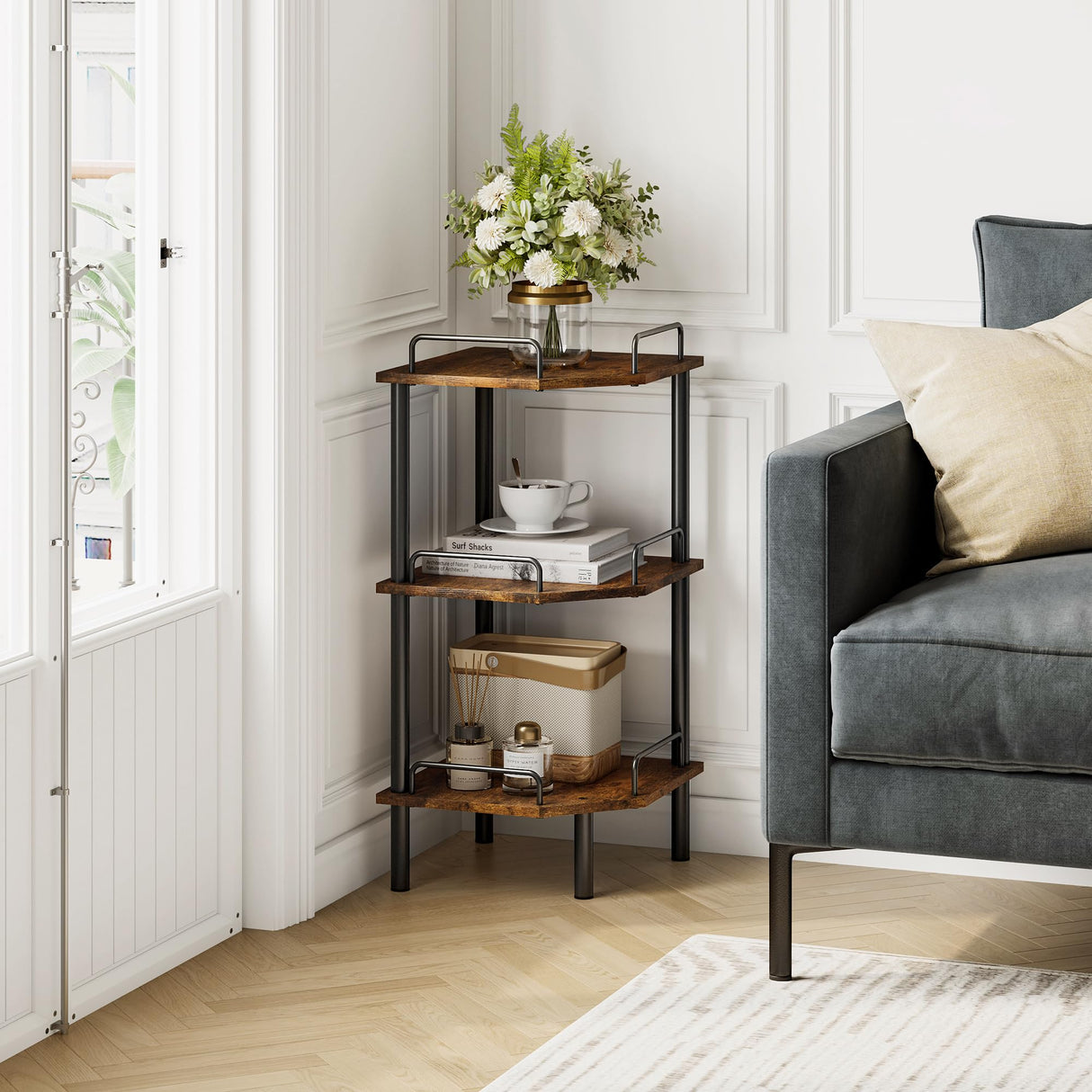 Tajsoon 3-Tier Industrial Corner Shelf Stand in Rustic Brown - Versatile Display Unit for Any Room Tajsoon