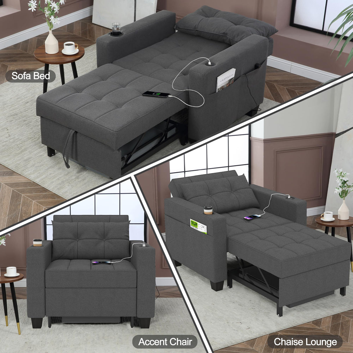 DURASPACE 39 Inch Sleeper Chair 3-in-1 Convertible Chair Bed Pull Out Sleeper Chair Beds Adjustable Single Armchair Sofa Bed with USB Ports, Side Pocket, Cup Holder (Dark Gray Linen) DURASPACE