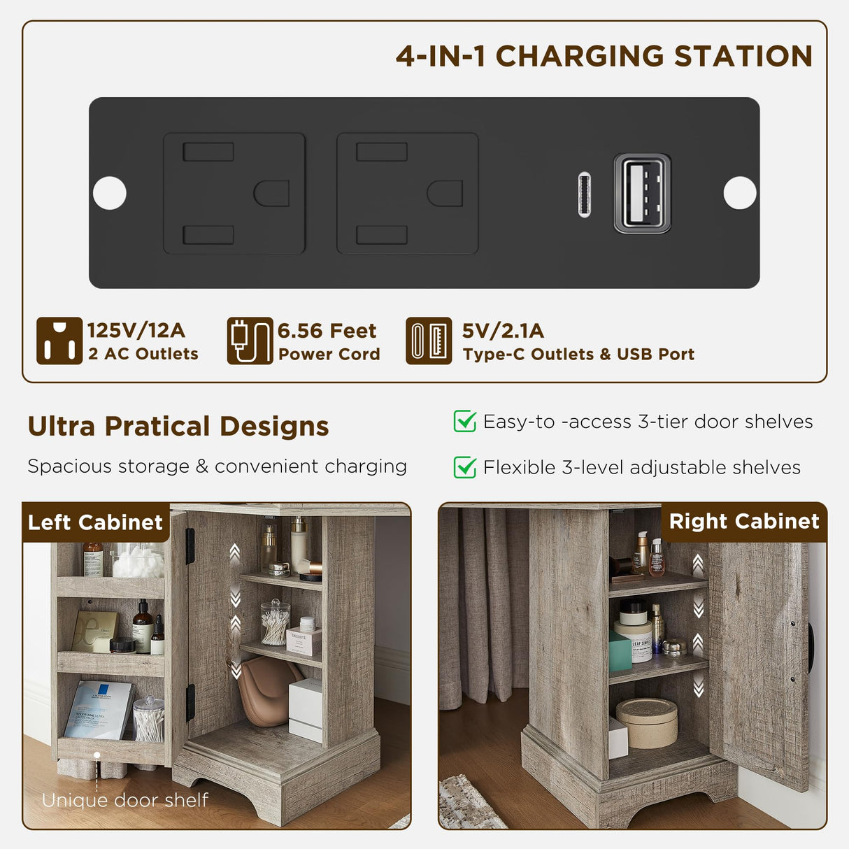 T4TREAM Corner Vanity Desk with Mirror and Lights, Makeup Desk with 3 Way Mirror and Lights, Farmhouse Vanity Table with Charging Station & Glass Top, 48" Vanity Desk with 3 Drawers(Light Rustic Oak) T4TREAM