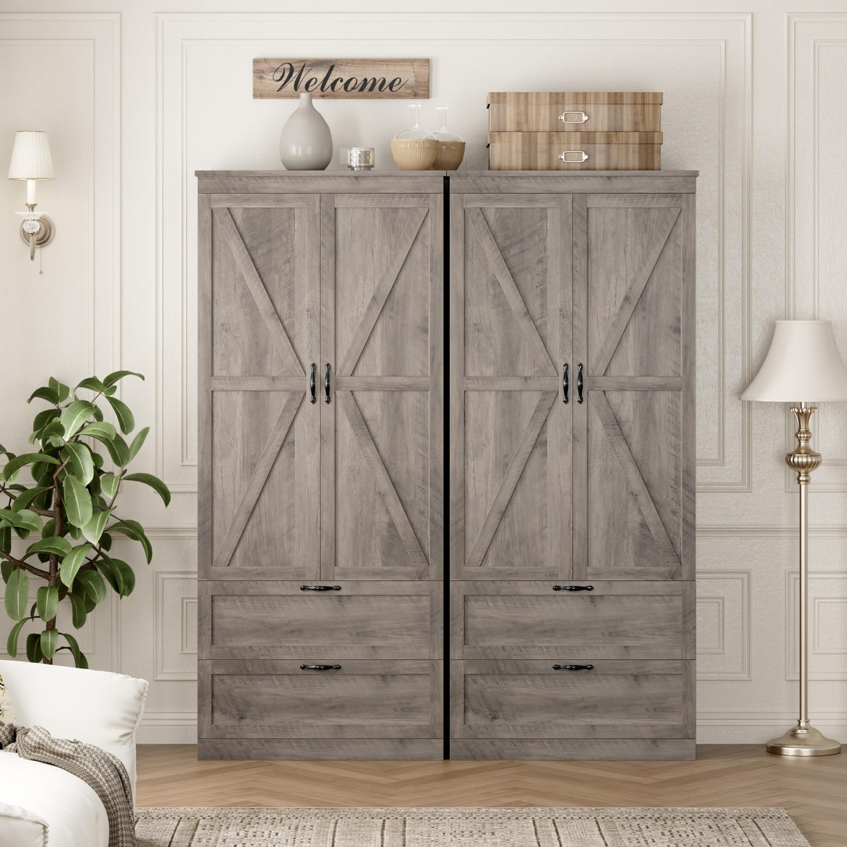 HOSTACK 70" Tall Kitchen Pantry Storage Cabinet, Barn Doors Pantry Cabinet with Drawers and Adjustable Shelf, Modern Farmhouse Storage Cabinet for Kitchen, Dining Room, Living Room, Bathroom, Ash Grey HOSTACK