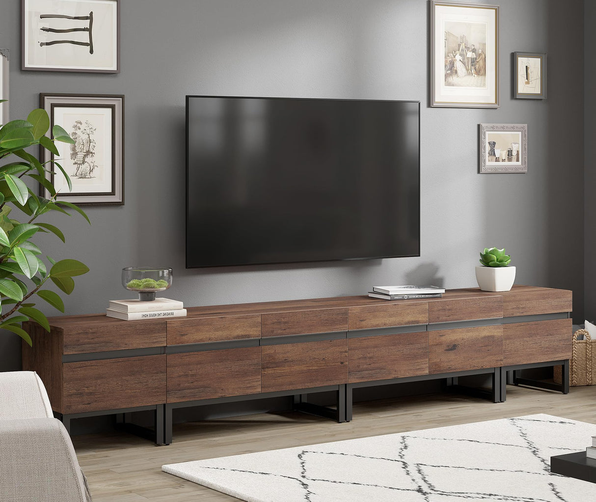 WAMPAT Modern TV Stand for TVs up to 110 inch TV, 3 in 1 Entertainment Center TV Console with Storage Cabinets and Metal Base,Media Console for Living Room, Brown,106'' WAMPAT