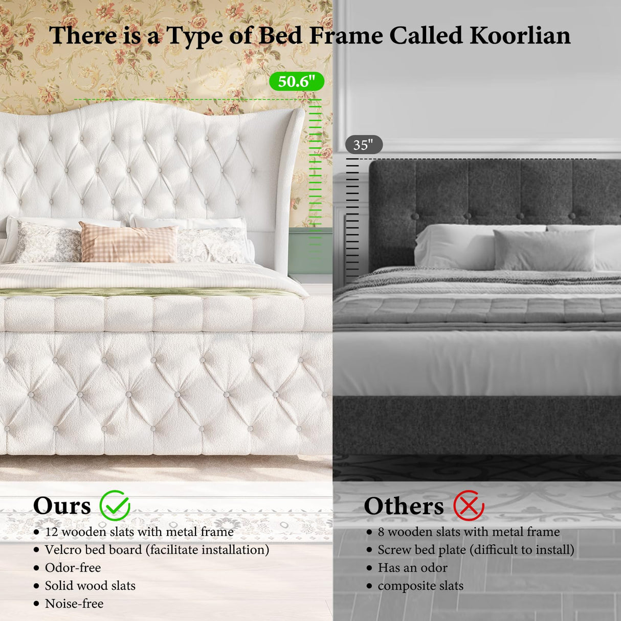 Queen Size Bed Frame-Upholstered Platform Chenille Sleigh Bed-51 inch Scroll Wingback Tall Headboard Footboard-Deep Button Tufted-Easily Assemble-Wood Slats Support-No Box Spring Required-Cream koorlian