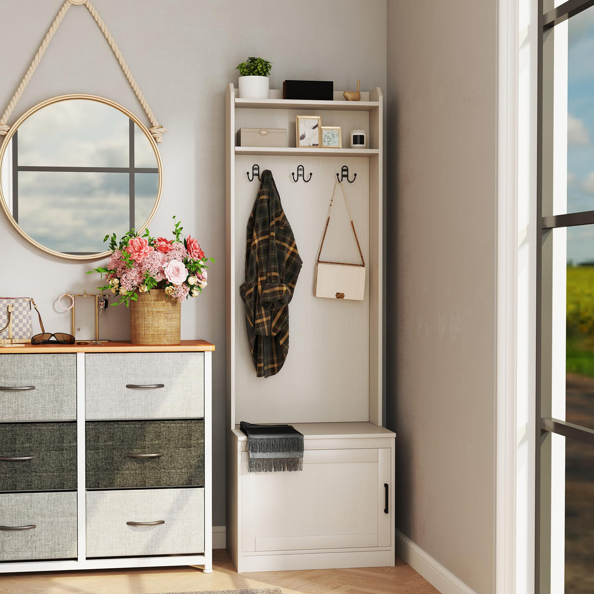 HOMCOM Narrow Hall Tree with Shoe Storage Bench, Rustic Entryway Bench with Coat Rack, Accent Coat Tree with Storage Shelves for Hallway, Mudroom, White Wood Grain HOMCOM