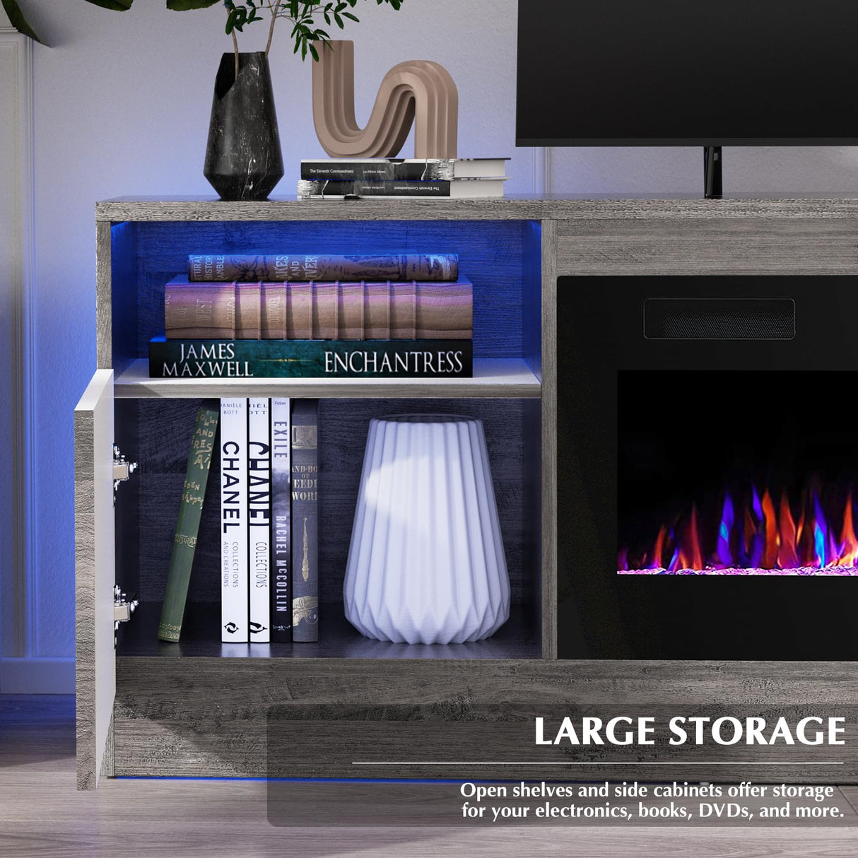 LEMBERI Fireplace tv Stand with 36 inch Fireplace Up to 80" TVs,LED Light Entertainment Center and Storage, 70" Modern Wood Media TV Console with Highlight Cabinet for Living Room (Gray) LEMBERI