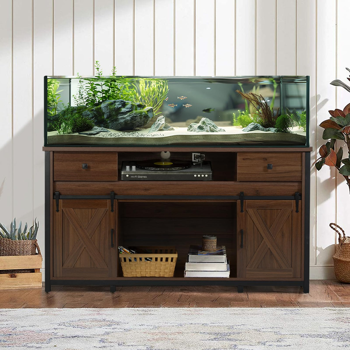 Fantico 75-120 Gallon Aquarium Stand with Power Outlets - Dual Aquarium Support, Cabinet Storage, Thick Hardwood Top, Versatile Socket with Adjustable Panels, 1200 lbs Capacity, Rustic Brown Fantico
