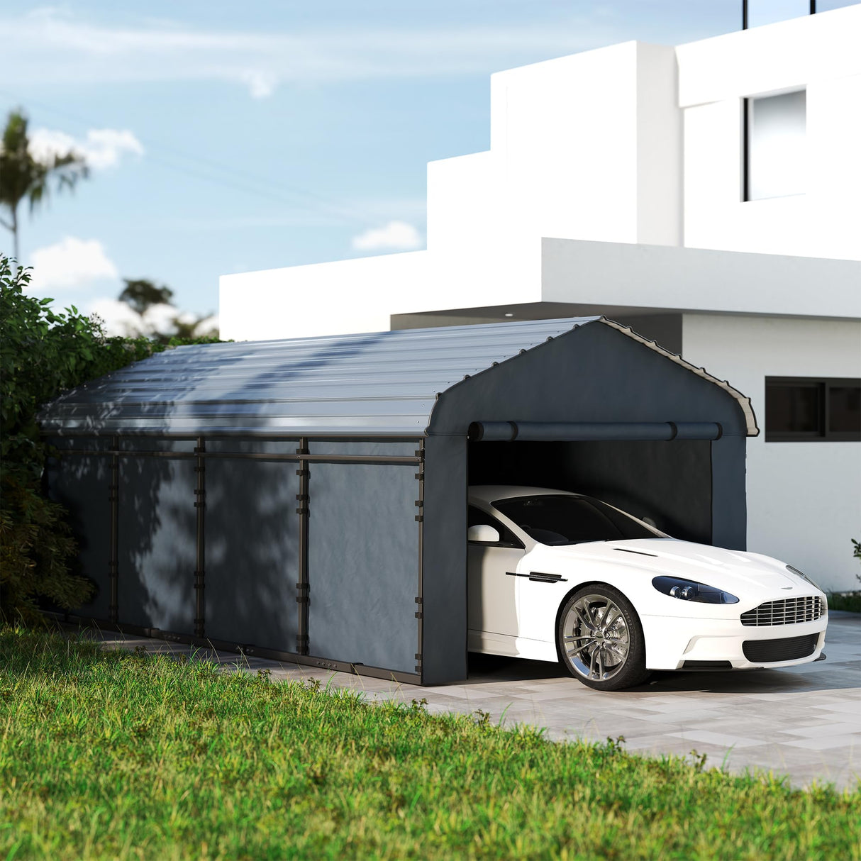 Outsunny 12' x 20' Heavy Duty Metal Carport, Waterproof Garage Car Canopy Shelter with Galvanized Metal Roof and Removable Sidewalls for Cars, Boats, Tractors, Dark Gray Outsunny