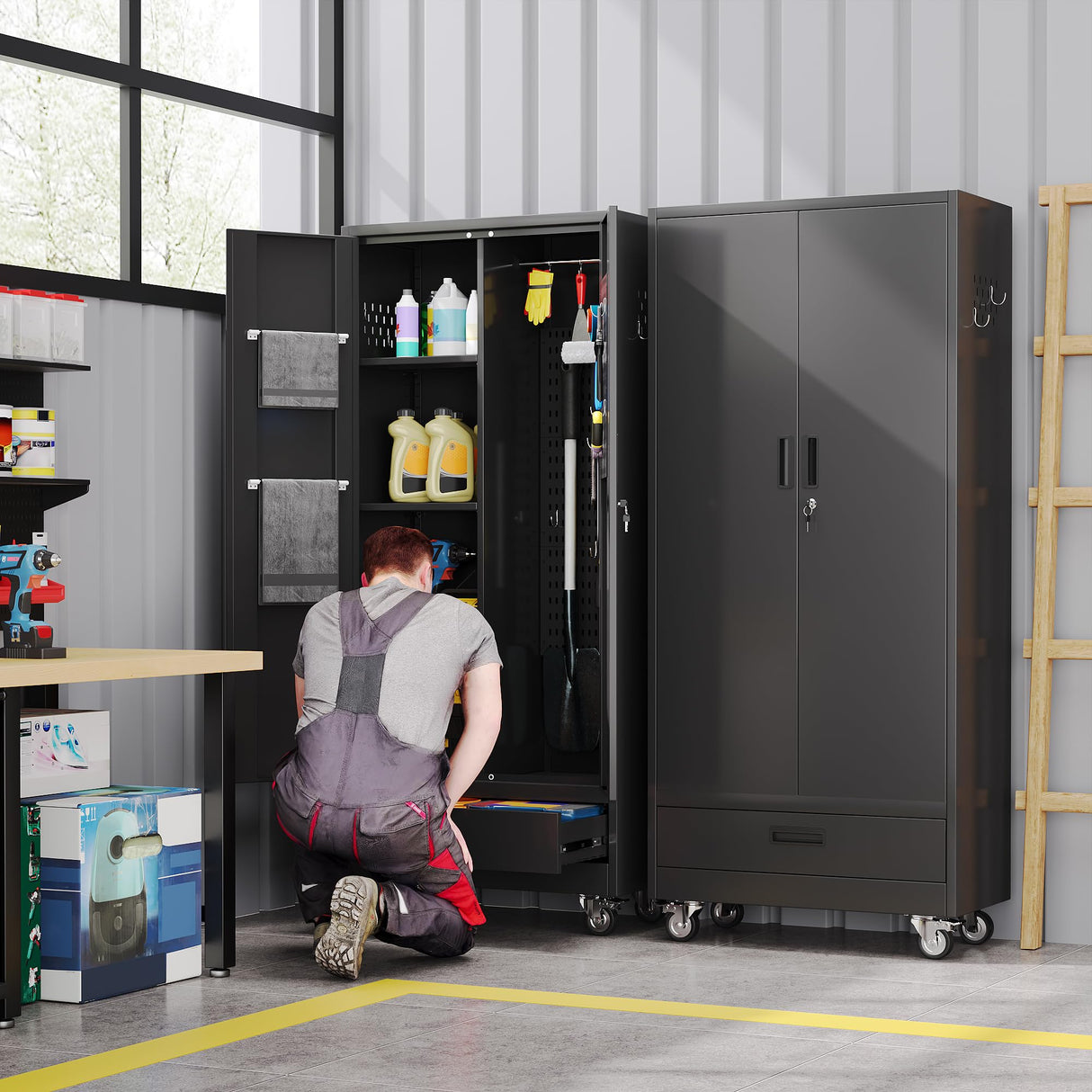 SUXXAN Broom Closet with Wheels 71"x 31.5"x15.75", Metal Cleaning Cabinets with Drawer Hooks and Hanging Rods, Lockable Cabinet with Pegboard, Adjustable Shelf,for Garage, Laundry Room SUXXAN