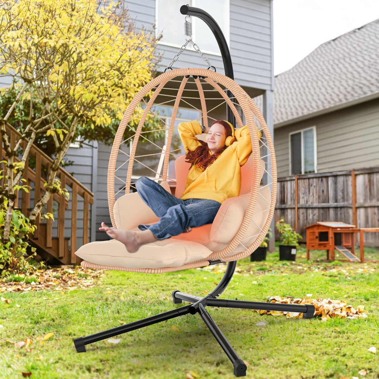 ZENPETIO Heated Hanging Egg Chair with Stand & Leg Rest, Rattan Wicker Swing Chair with UV Resistant Cushion and Pillow, for Indoor Outdoor Bedroom Patio Hanging Basket Chair 370lbs Capacity, Brown ZENPETIO