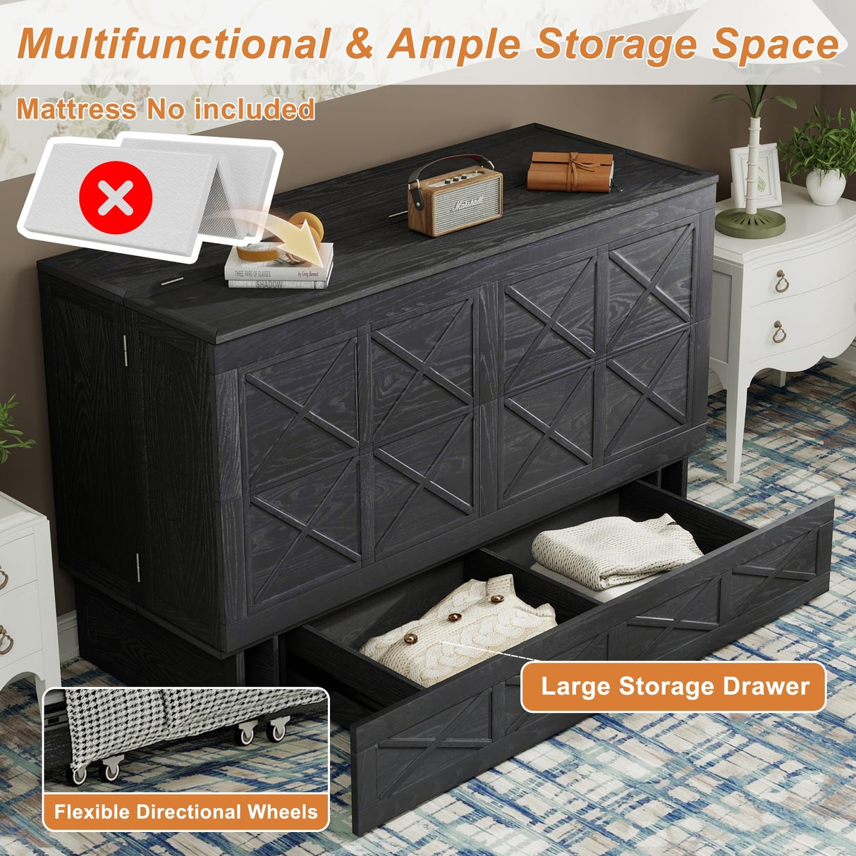 Solid Wood Murphy Bed Queen: Space Saving Retro Brown Black Murphy Bed Cabinet (Not Included Mattress) with USB Port, Solid Wood Wall Murphy Chest Queen with Large Drawer for Guest Room/Bedroom ClassyCabin