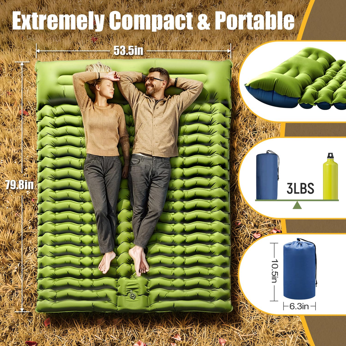 Yuzonc Double Sleeping Pad - Self Inflating 4" Extra-Thick for 2 Person with Pillow Built-in Foot Pump Inflatable Sleeping Mat for Backpacking, Hiking, Traveling, Tent, Portable Camping Mat Yuzonc