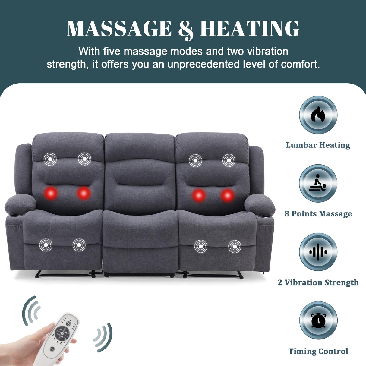 Reedvales Oversized Recliner Sofa with Heat and Massage, Big Large 3-Seater RV Recliner Couch Sofa for Living Room, Wall-Hugger Reclining Sofa with Cup Holders and USB Port (Fabric, Grey) Reedvales