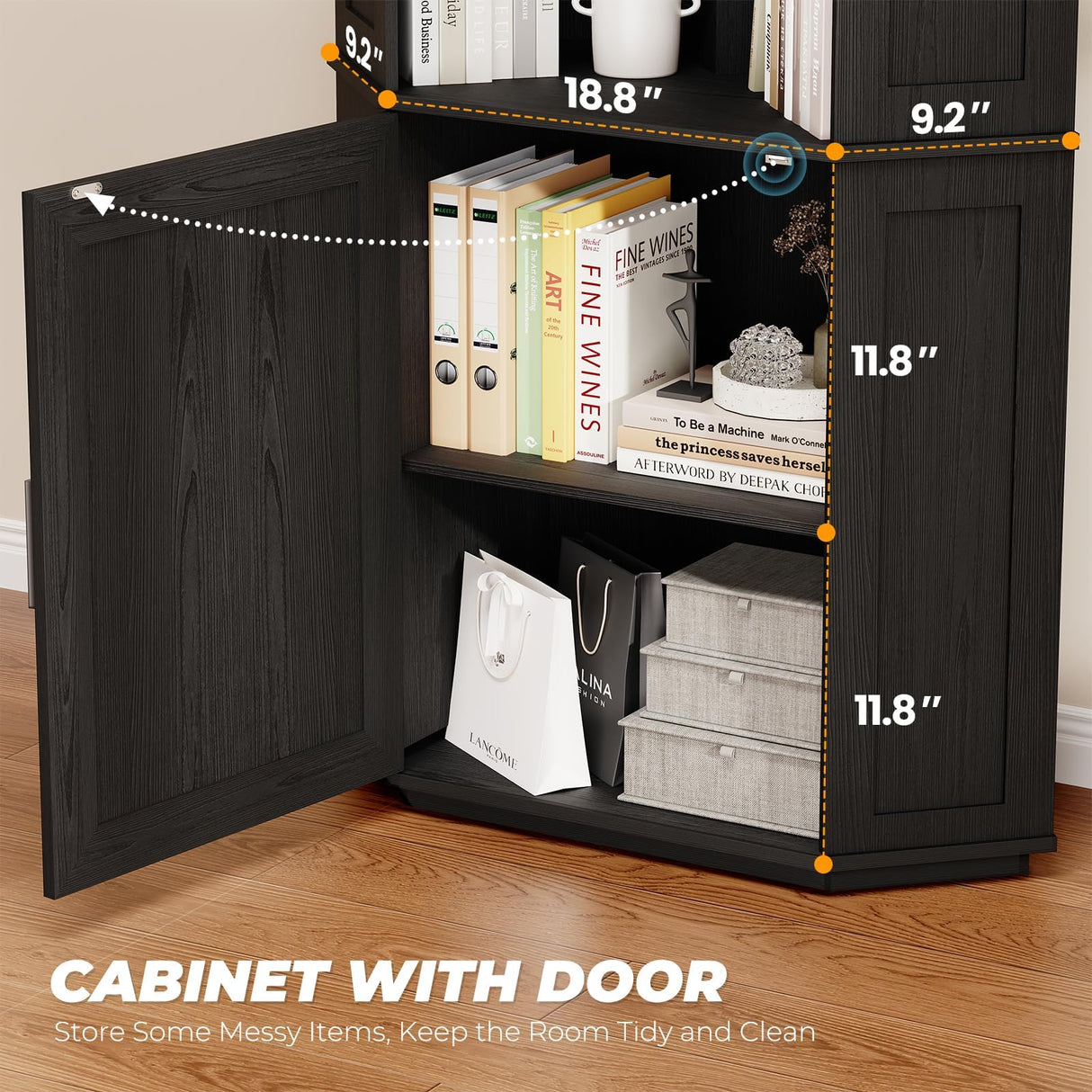 BROTTAR Corner Bookshelf, 67" Tall Corner Bookcase with Large Storage, Storage Cabinet for Books, L-Shaped Bookshelf with Cabinet for Living Room, Home Office, Bedroom, Black BROTTAR