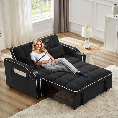 KINFFICT Sleeper Sofa Couch Bed with Phone Holder, Modern 3-in-1 Convertible Velvet Pull Out Loveseat Futon Sofa with USB & Type C Port & Cup Holder for Living Room Bedroom Office
