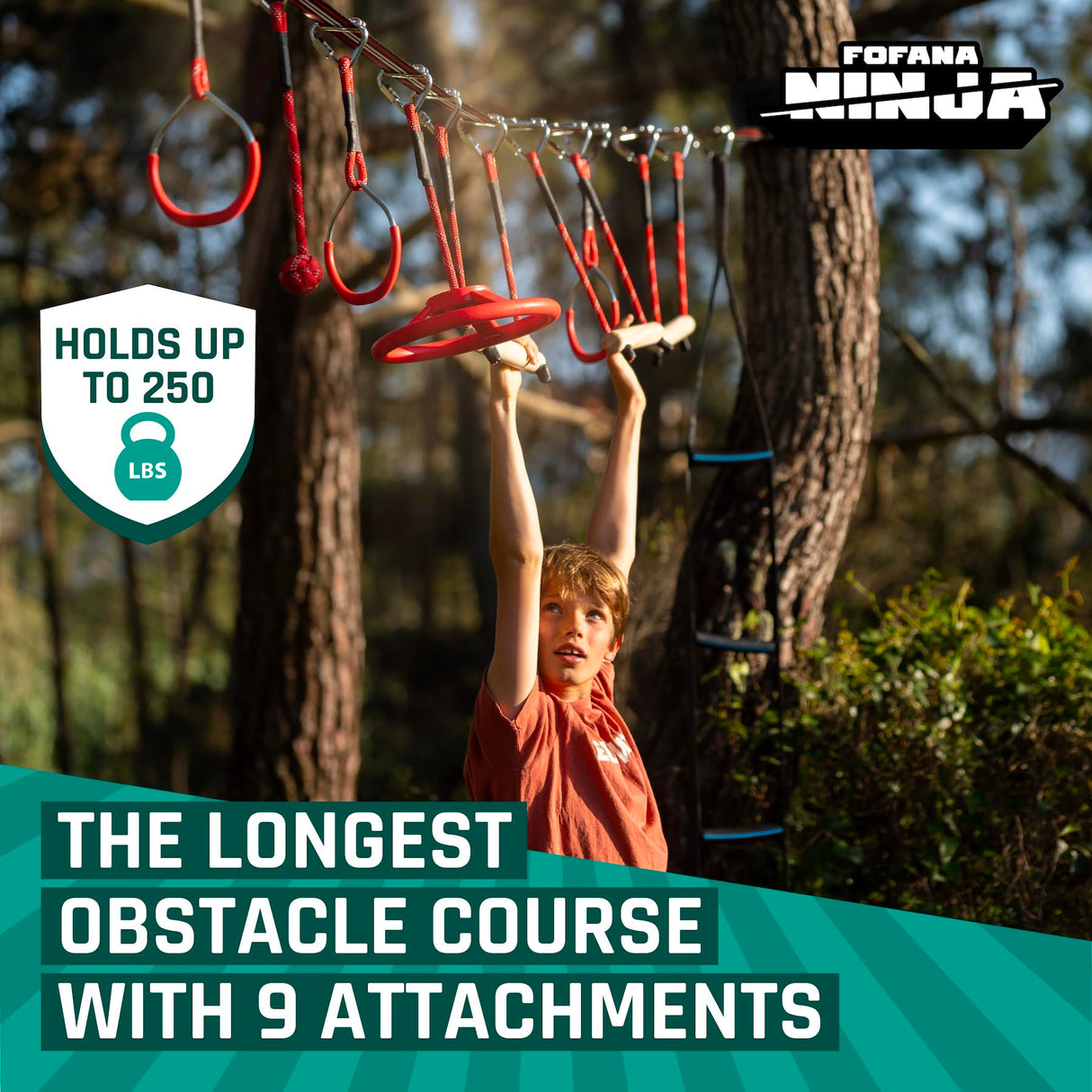 Fofana Ninja Warrior Obstacle Course for Kids – 32-Piece Backyard Playset, 9 Fun Training Obstacles, 65 Ft Slackline Kit Accessories - Outside Line Ninja Kids Toys, Outdoor Play Equipment, Jungle Gym Fofana