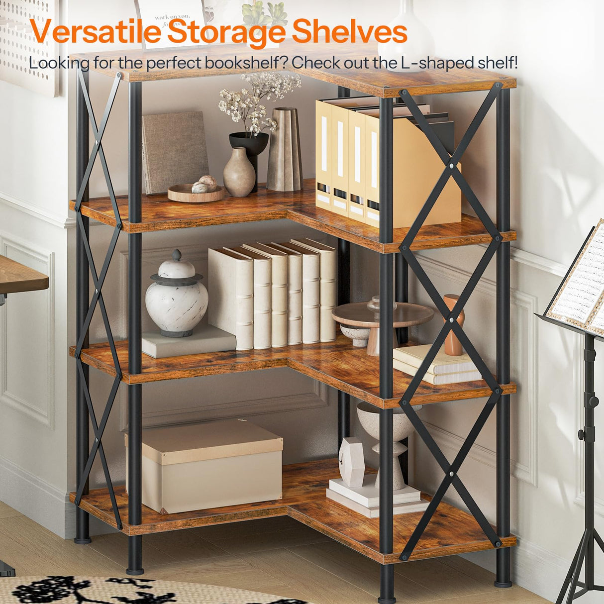 HOOBRO Corner Bookshelf, 4-Tier L-Shaped Bookcase, Industrial Open Display Shelf Tall Storage Organizer, Vertical Storage Rack, for Living Room, Home Office, Rustic Brown and Black BF59SJ01 HOOBRO
