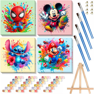 4 Packs Cartoon Paint by Numbers Kits for Kids Framed,Paint by Numbers for Kids Ages 8-12 with Framed Canvas,DIY Easy Painting Kits with Wooden Easel for Home Wall Decor 8X8 Inch
