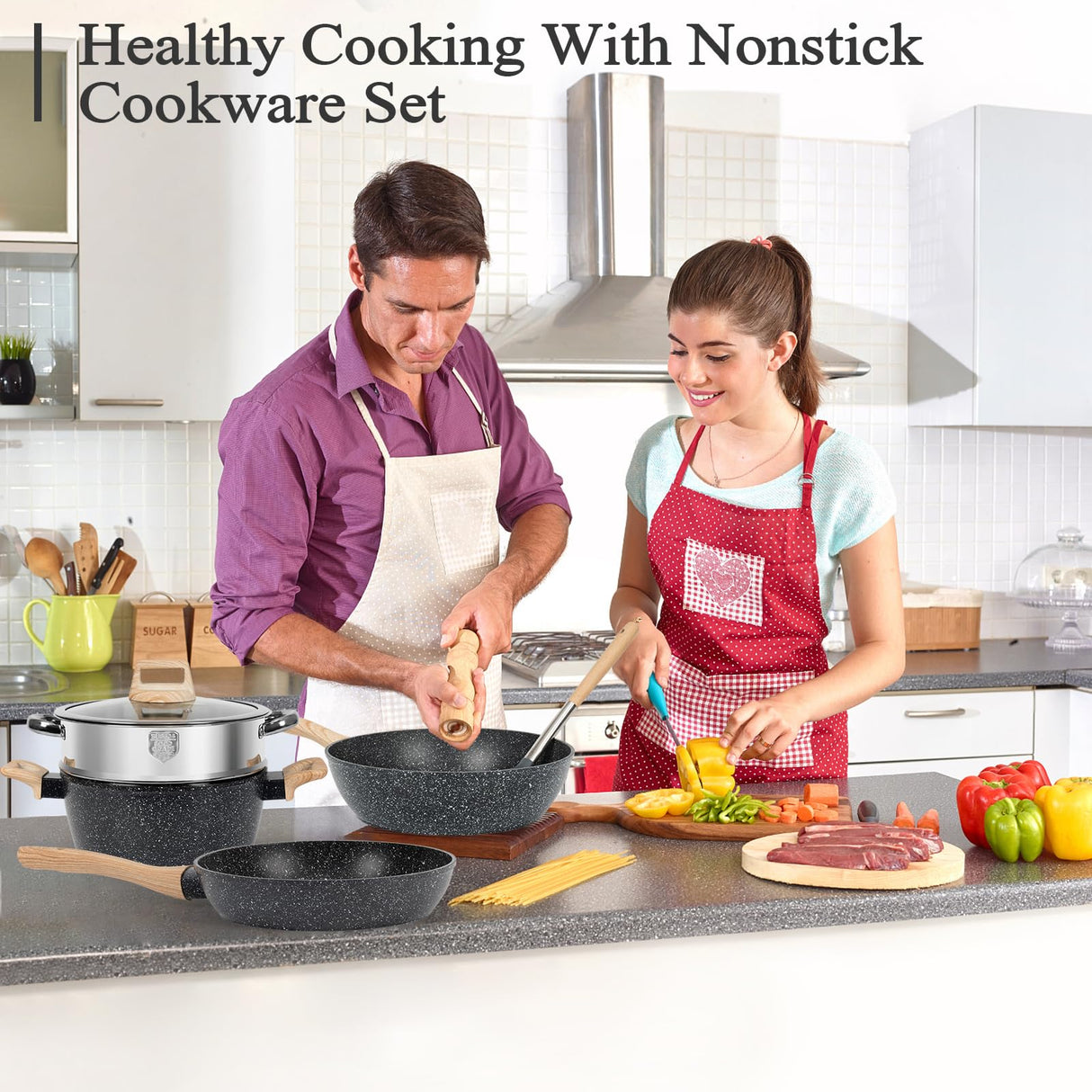 12 Pcs Pots and Pans Set Non Stick Kitchen Cookware Sets Nonstick Induction Cookware Black Granite Cooking Tools with Frying Pans, Saucepans, Steamer Silicone Shovel Spoon & Tongs (PFOS/PFOA Free) SODAY