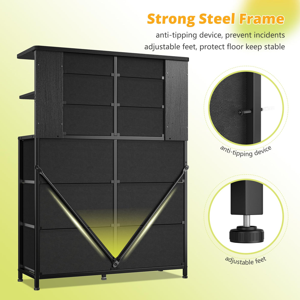 EnHomee Dresser for Bedroom with LED Lights and 12 Fabric Dresser with 4 Open Shelves, Chest of Drawers, Metal Frame, Black, 45.2" H x 35.4" W x 11.8" D EnHomee