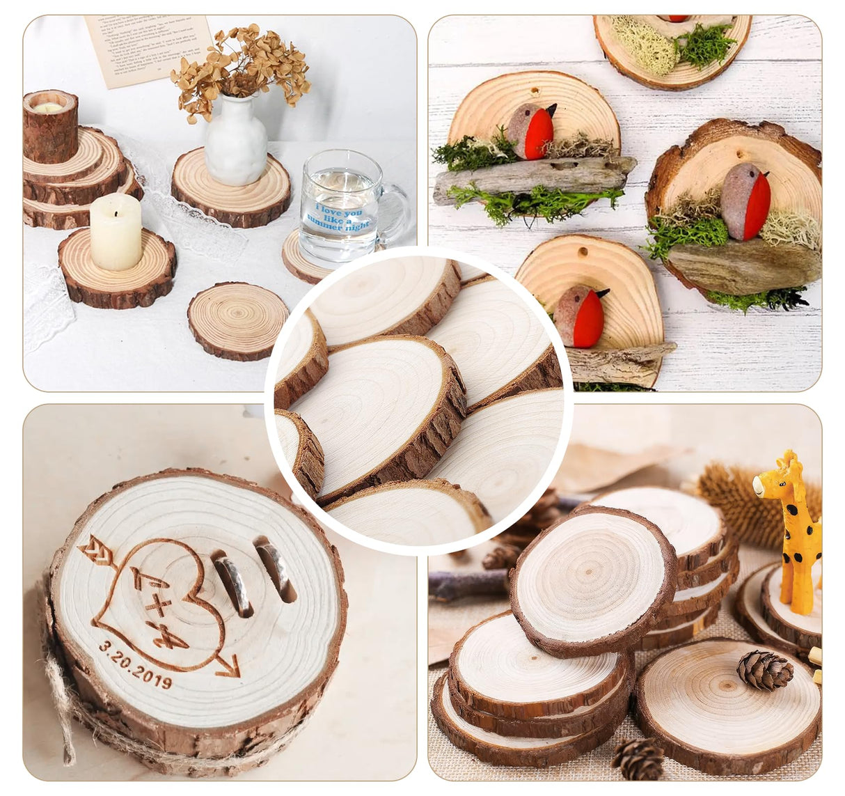 ilauke Wood Slices, 10 Pcs 3.5''-4'' Natural Wood Rounds, Wooden Circles with Bark, Unfinished Wood Kit for Paint DIY Ornaments Christmas Crafts Arts Wedding Decorations ilauke