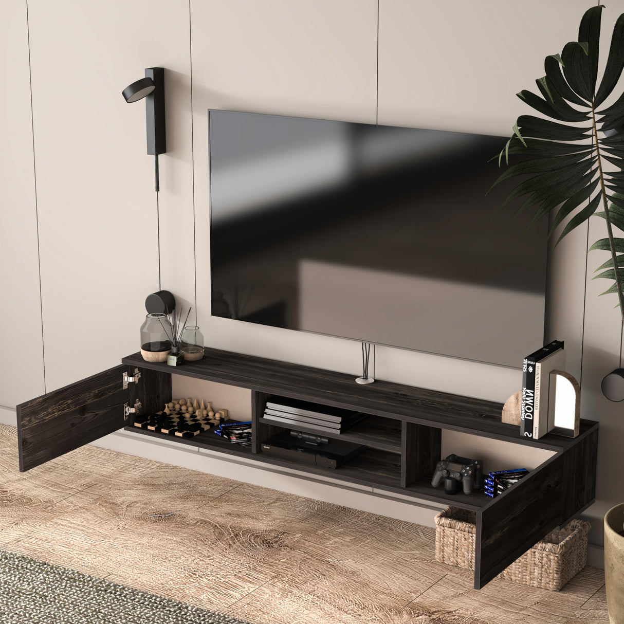 Atelier Mobili Floating TV Stand, 70 inch TV Stand for 75 inch TV, Floating TV Stand Wall Mounted, Floating Entertainment Center, TV Stands for Living Room, Black TV Stand (Black Oak) ATELIER MOBILI THE LEADER OF THE INTERCHANGEABLE FURNITURE