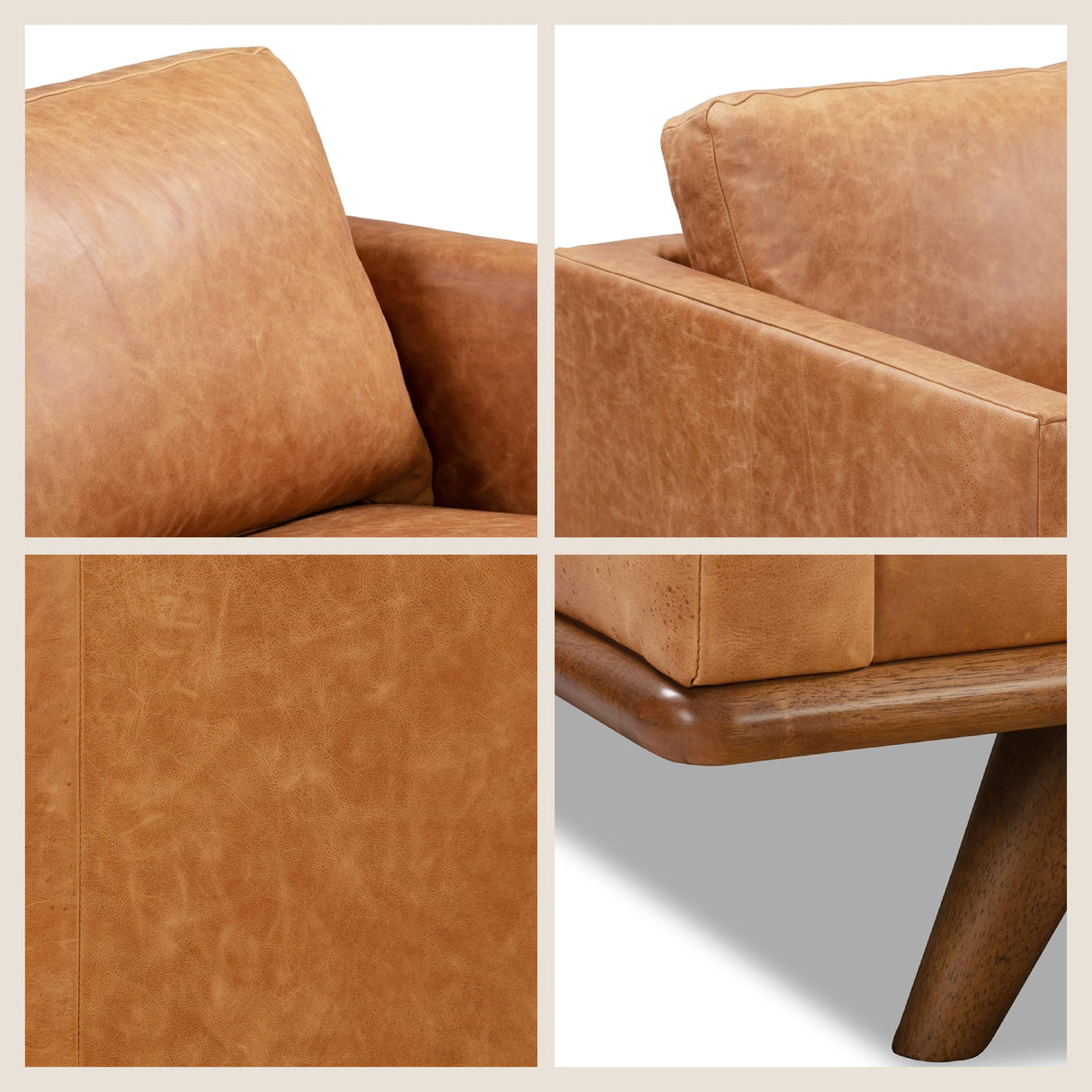 POLY & BARK Nolita 85" Sofa – Cognac Tan Full-Grain Pure-Aniline Italian Leather, Feather-Down Cushioning, Solid Rubberwood Base & Legs POLY & BARK